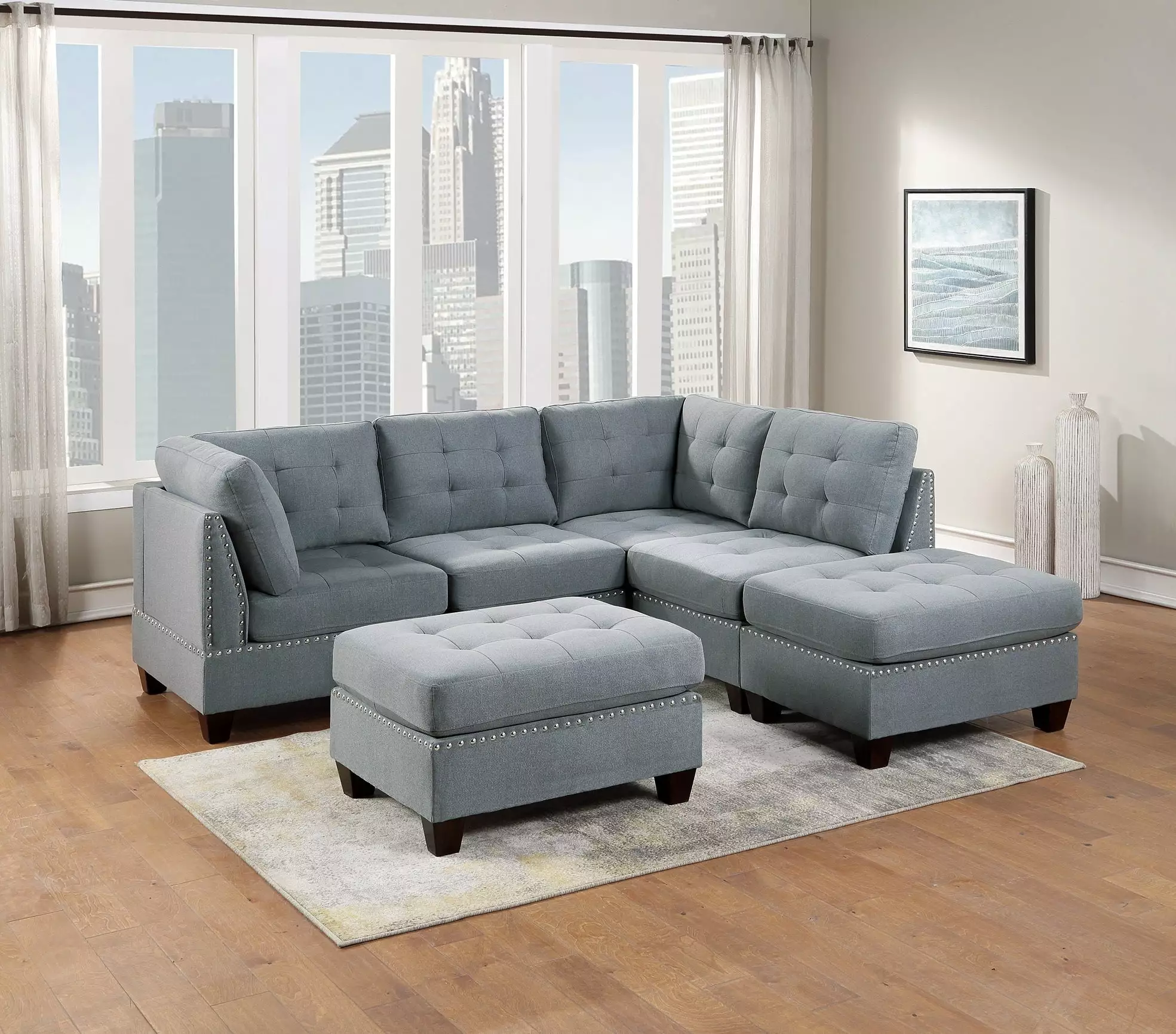 Eleni Modular Sectional 6pc Set 2x Corner Wedge 2x Armless Chairs and 2x Ottomans Gray Go Green Woods
