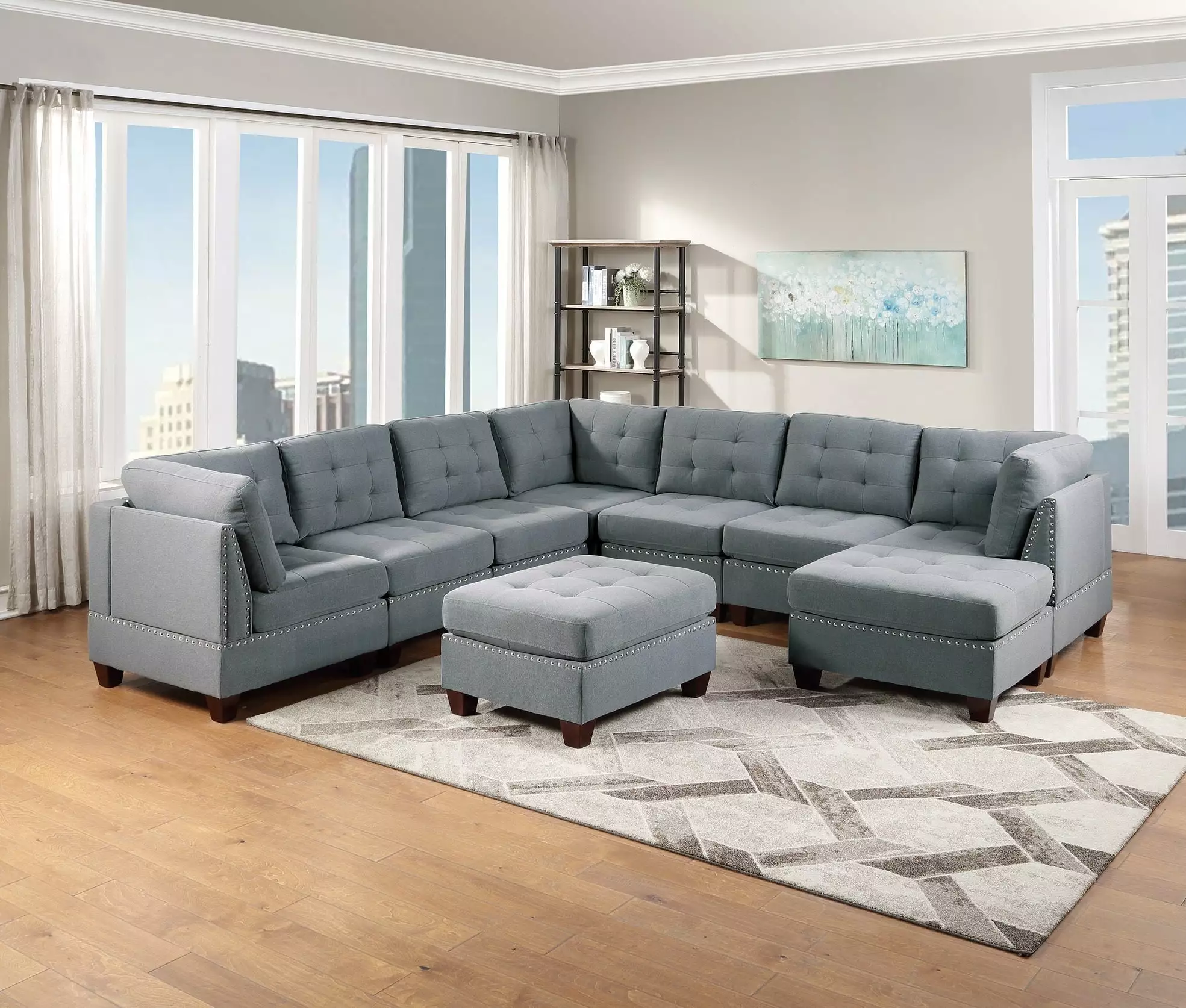 Eleni Modular Sectional 9pc Set 3x Corner Wedge 4x Armless Chairs and 2x Ottomans Gray Go Green Woods