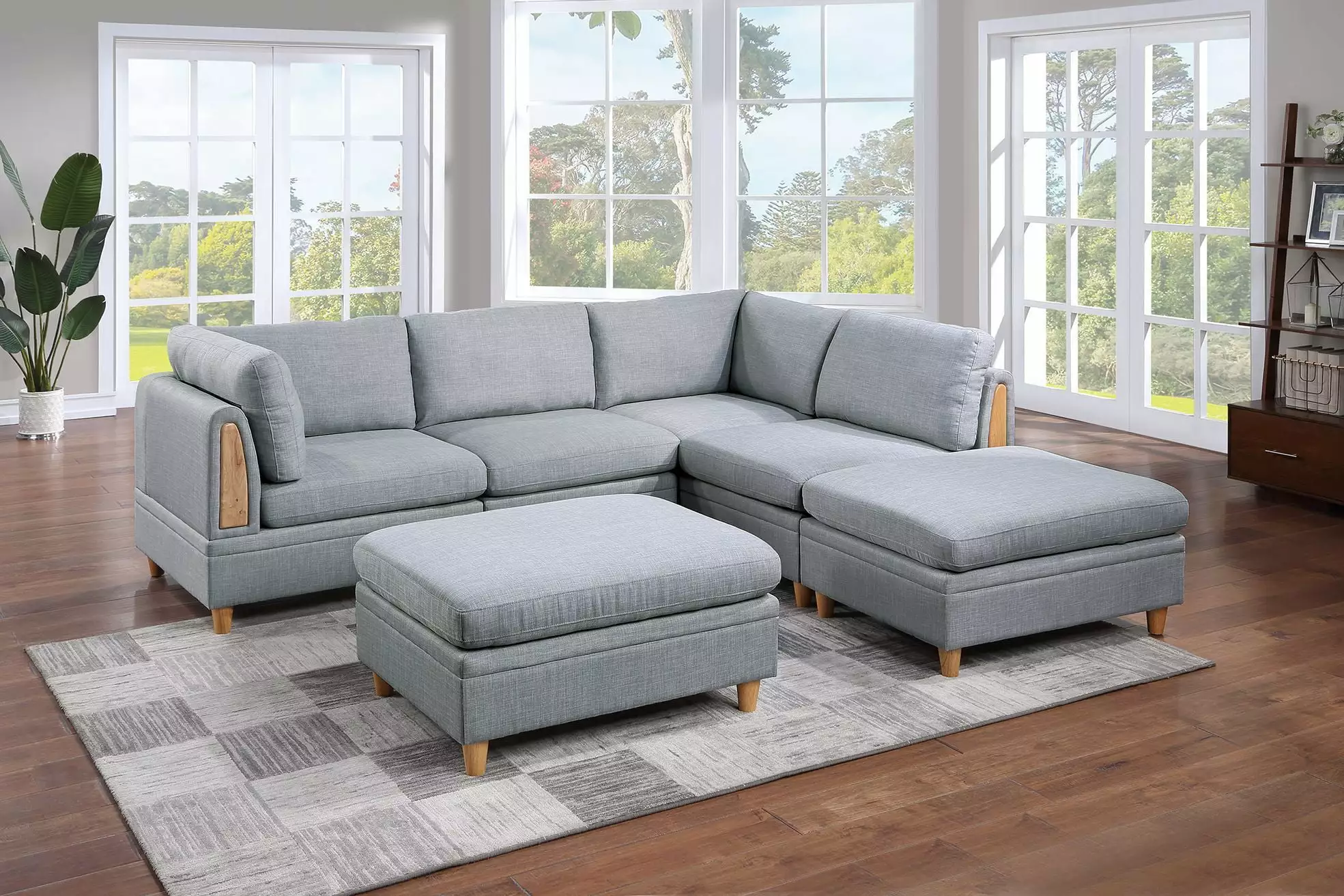 Felix 6pc Modular Sectional Sofa Set 2 Corner Wedges 2 Armless Chairs and 2 Ottomans Light Grey Go Green Woods