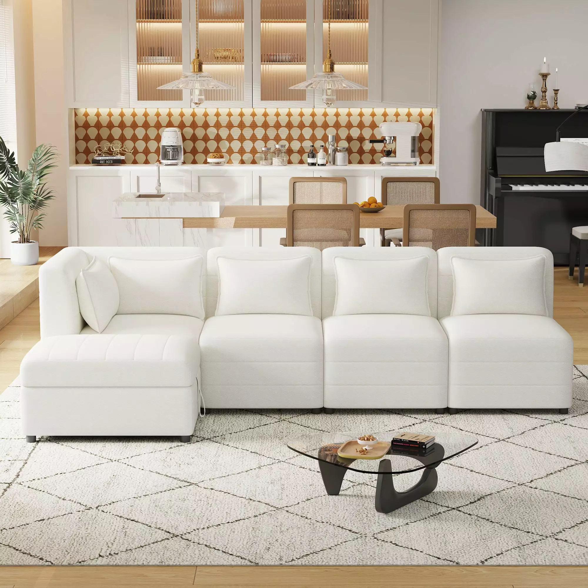 Lexi Sectional Sofa 5-Seater Modular Couches Storage Ottoman Cream Go Green Woods