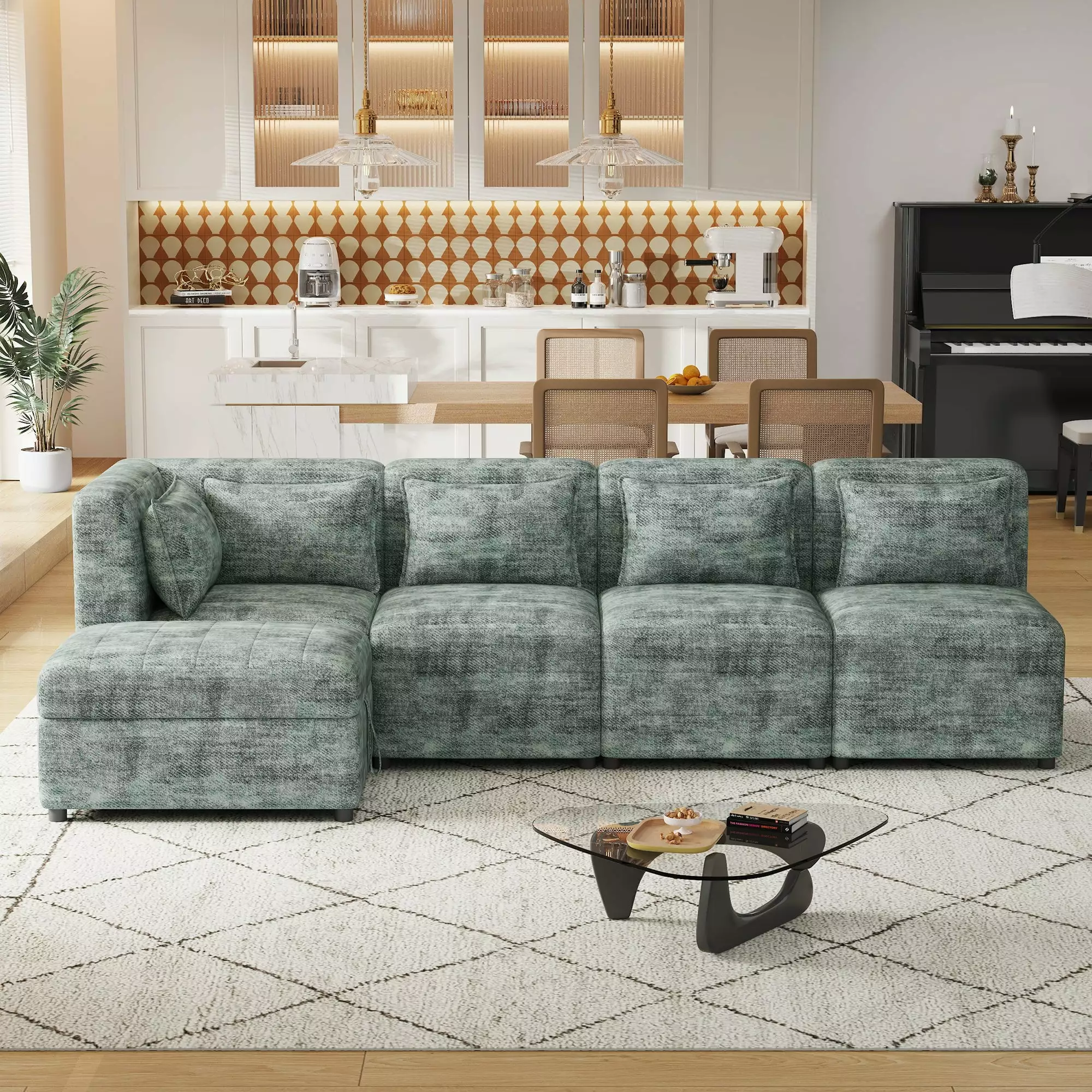 Lexi Sectional Sofa 5-Seater Modular Couches Storage Ottoman Blue-Green Go Green Woods