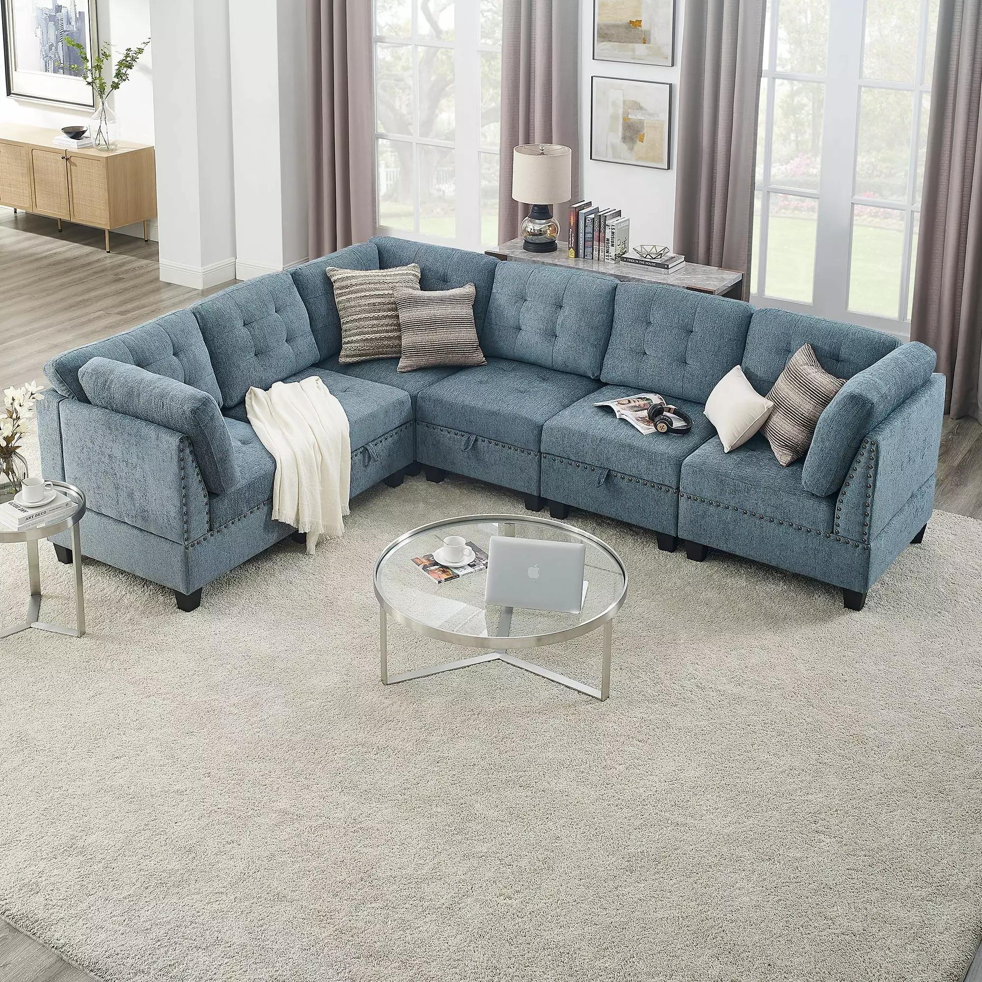 Molly Modular Sectional Sofa Three Single Chair and Three Corner Navy Blue Go Green Woods
