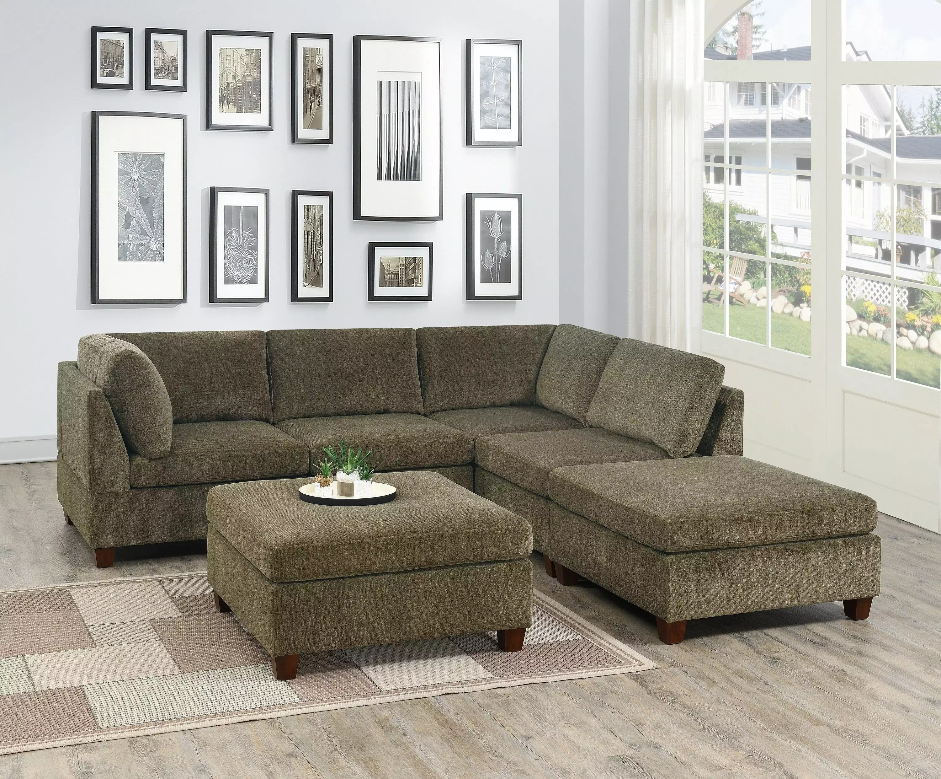 Verma Tan Chenille Modular Sectional 6pc Set 2 Corner Wedges 2 Armless Chairs and 2 Ottomans Go Green Woods