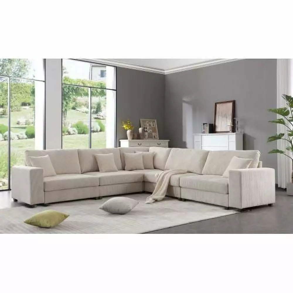 Oversized Modular Sectional Sofa Set Corduroy Upholstered Deep Seat Comfy Sofa Beige Living Room Hypeshops