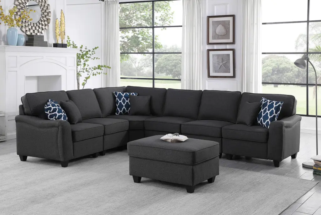Leo 125 Inch Dark Gray Linen 7 Piece Modular L Influence Sectional Sofa and Ottoman lilola home