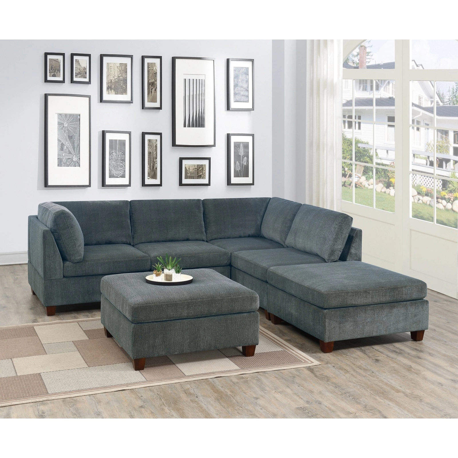 Miekor Furniture Grey Chenille Modular Sectional 6pc Set Corner Wedges and Ottomans Contemporary Living Room
