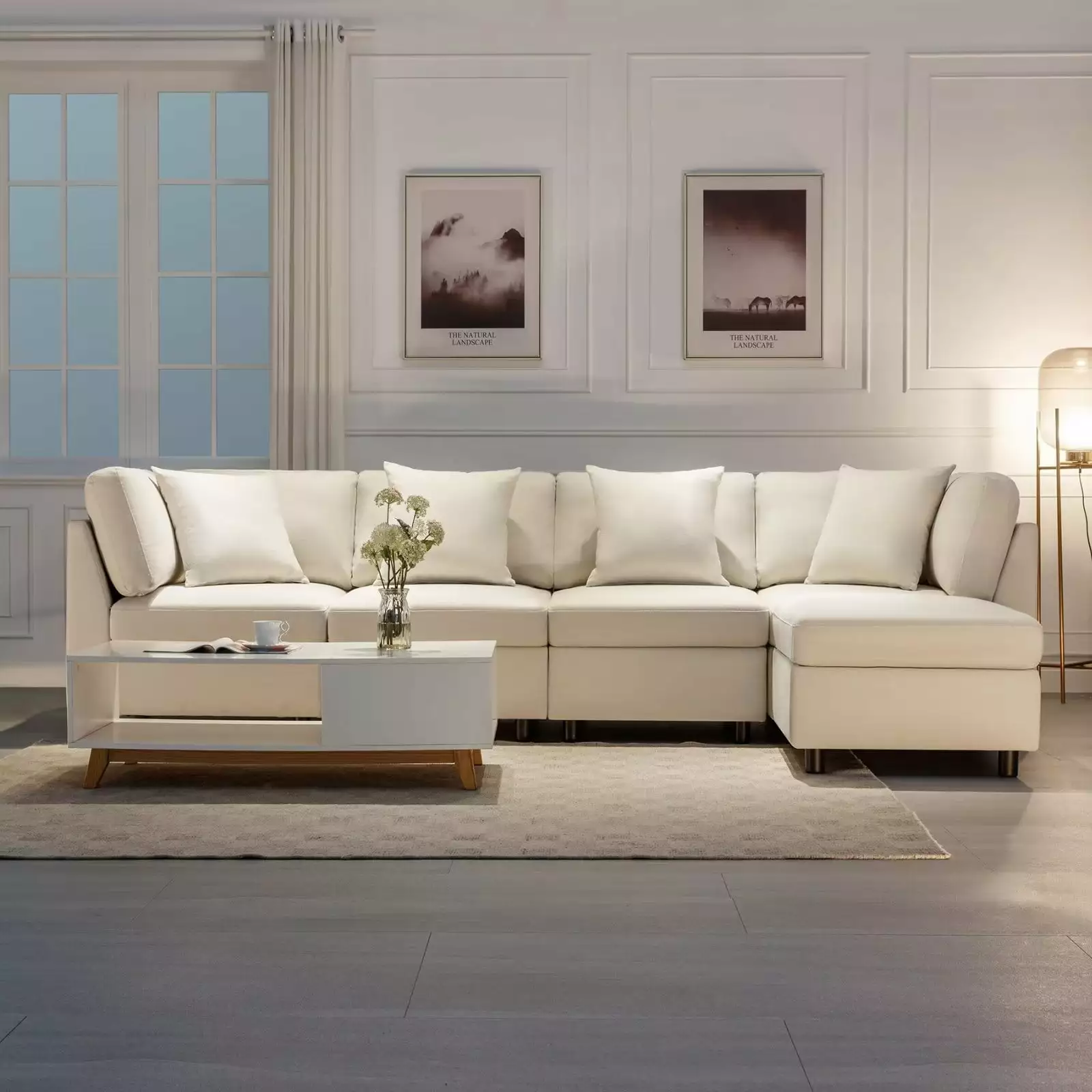 Morden Fort Modular Beige Sectional Sofa Chaise Living Room Linen