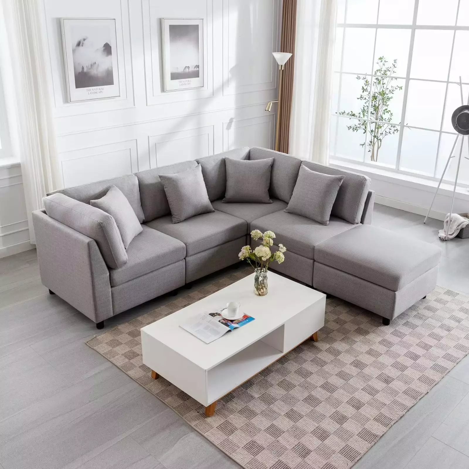 Morden Fort Modular Oversized Sectional Sofa Chaise Ottman Living Room Linen Gray