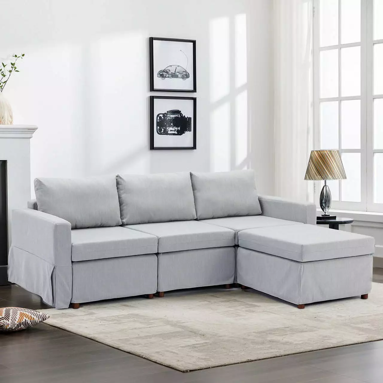 Contemporary 3-Seat Linen Sectional Sofa Couch Ottoman Light Grey Removable Washable Cushions Ponnky