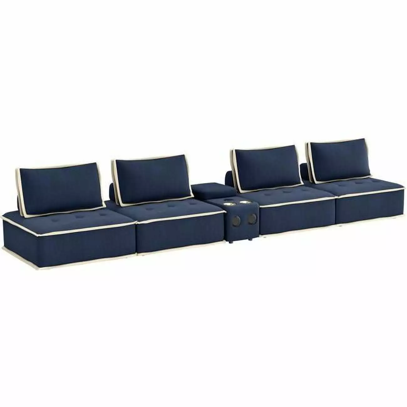 Pixie 5Pc Modular Sectional Sofa Speaker Console USB Storage Blue and Cream Fabric Sunset Trading