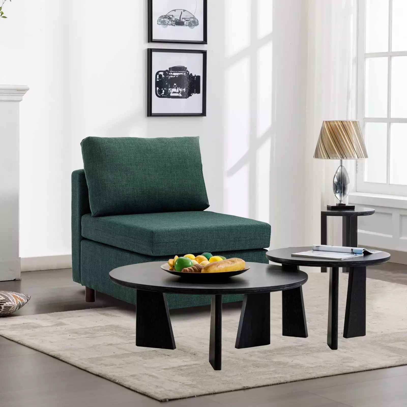 Miekor Fabric Linen Modular Sofa Middle Module Armless Chair Green Non-Removable Cushion