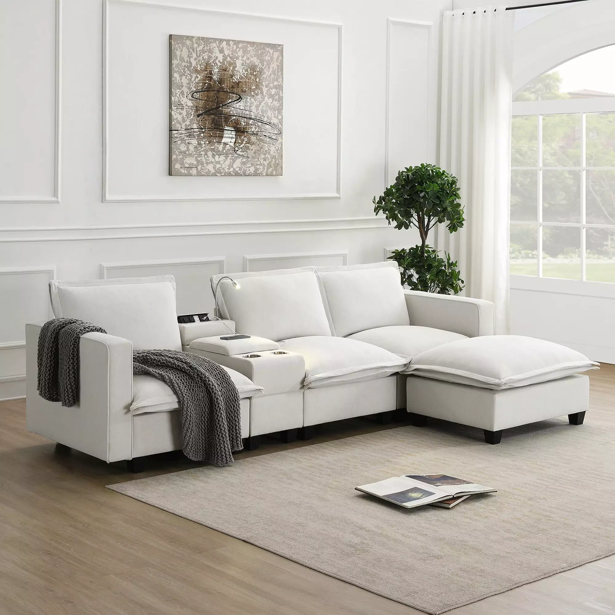109x57 Modern Sectional Cloud Sofa Console USB Charging Port Reading Light Cup Holder CNCJ