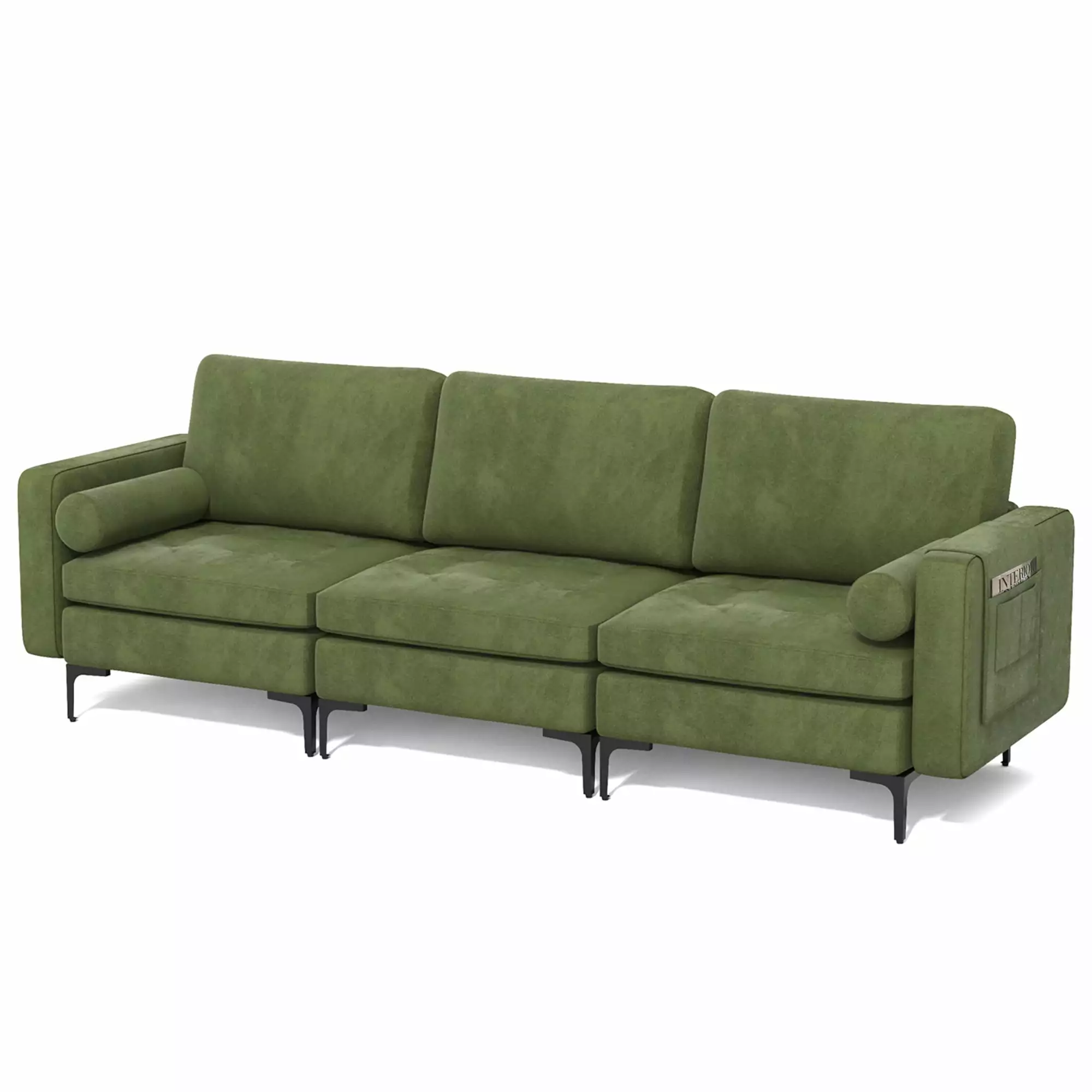 Costway Modern Modular 3-Seat Sofa Couch Side Storage Pocket and Metal Legs Army Green