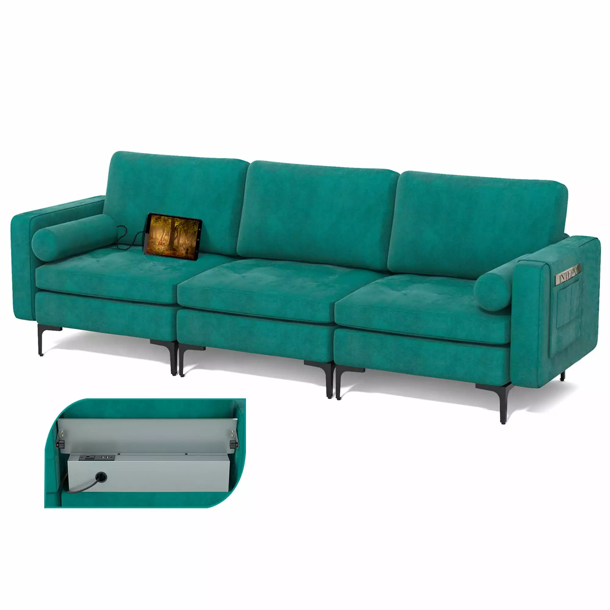Costway Modular 3-Seat Sofa Couch USB Ports and Side Storage Pocket Teal