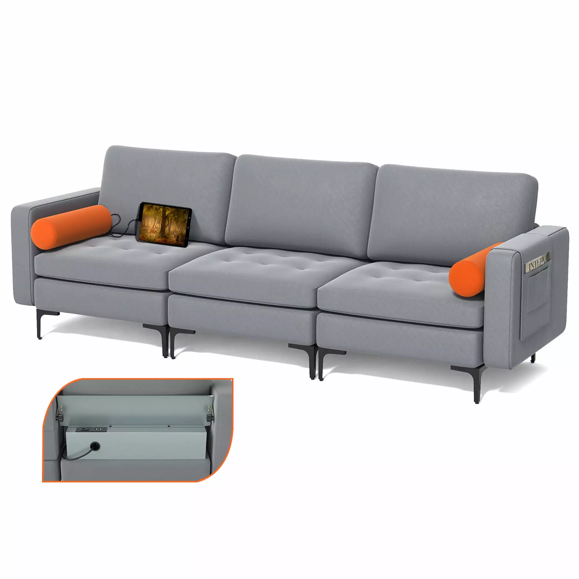 Costway Modular 3 Seat Sofa USB Ports and Storage Pocket Ash Grey