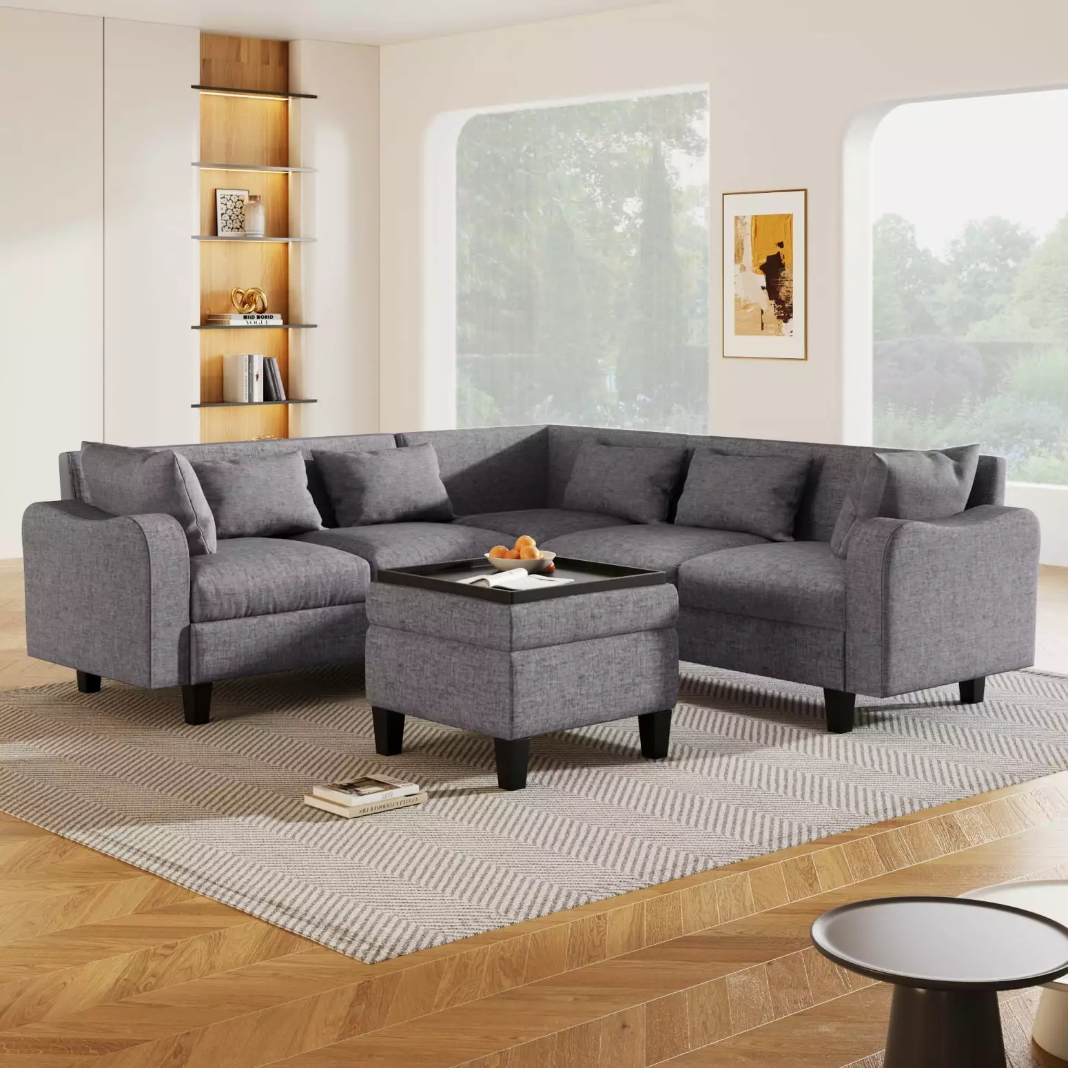 Versatile Gray Linen Sofa Pine Coffee Table Storage Ottoman Curved Armrests Comfort Ponnky