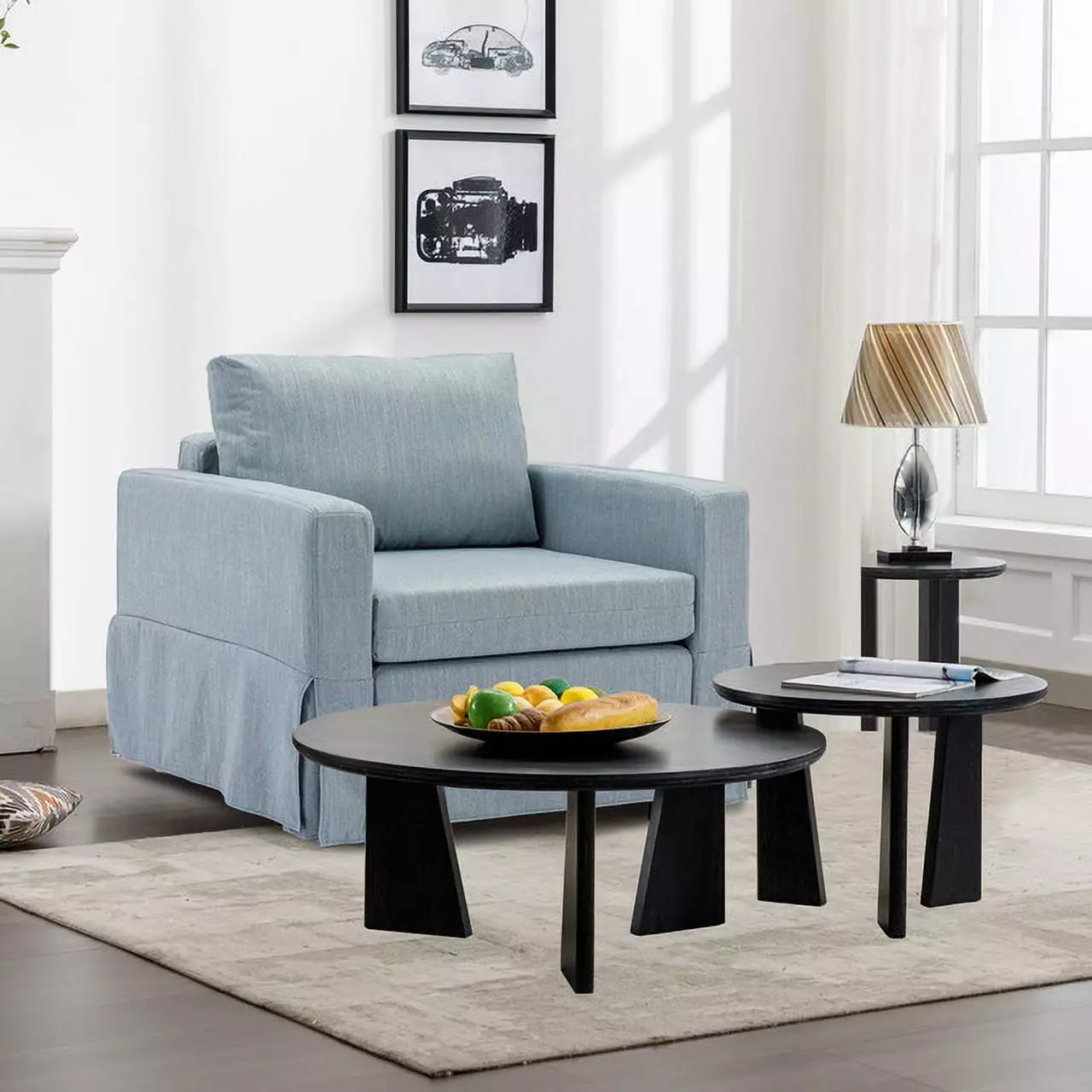 Versatile Light Blue Single Seat Modular Sofa Removable Washable Cushions and Linen Design Ponnky