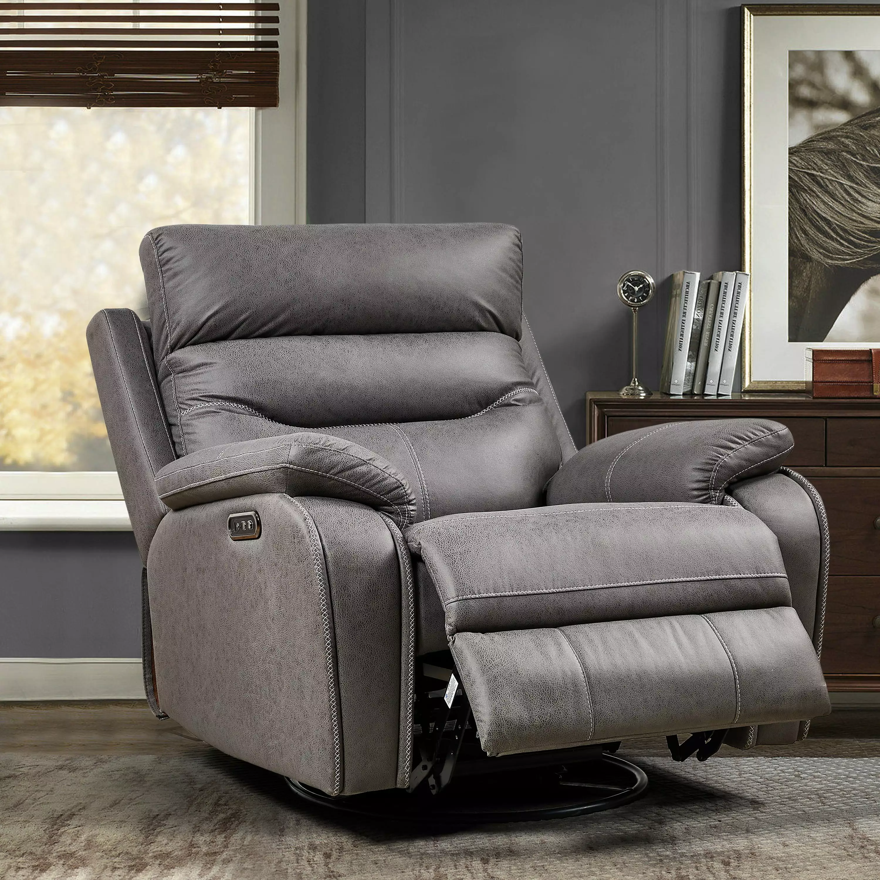 Liyasi Dual OKIN Motor Rocking Swivel Recliner Chair Power Function and Headrest Gray