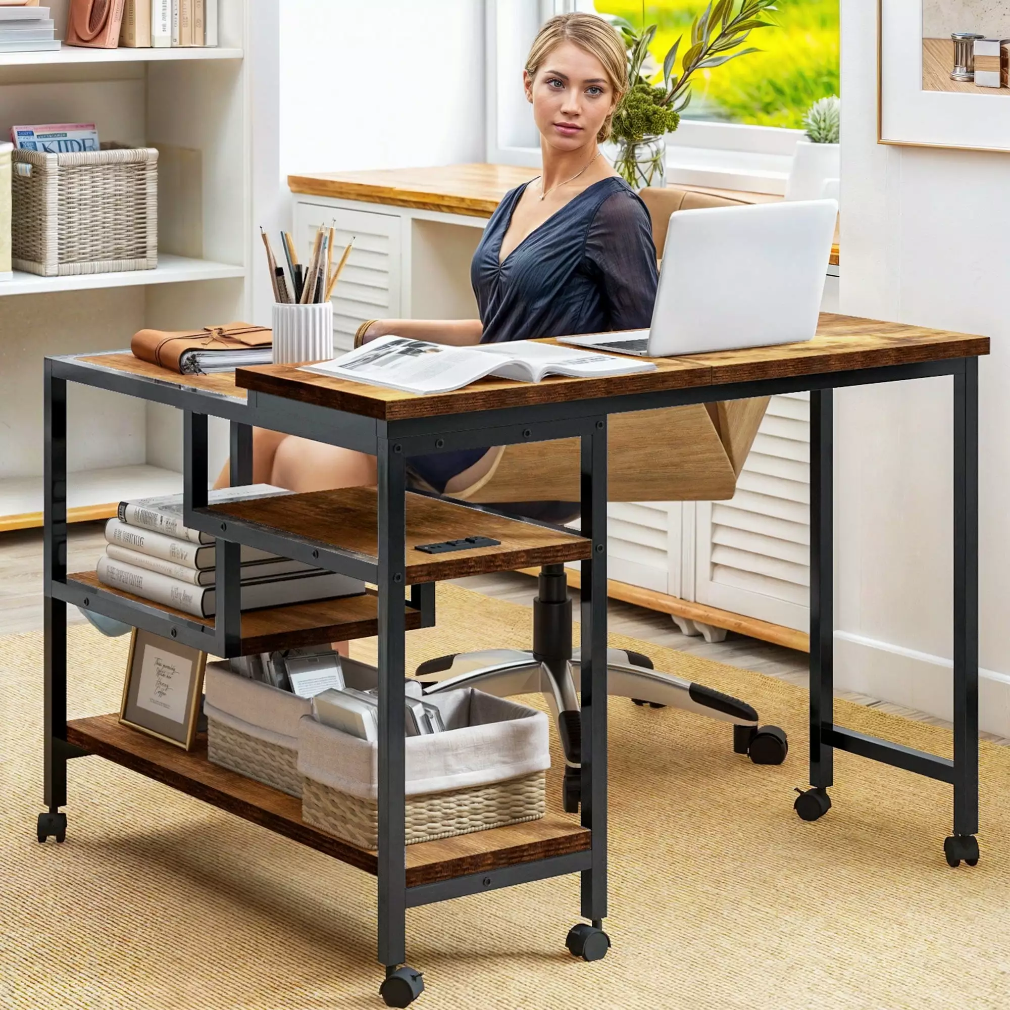 DWVO Rotating L-Shaped Writing Corner Desk Storage Shelves Wheels and Power Outlets