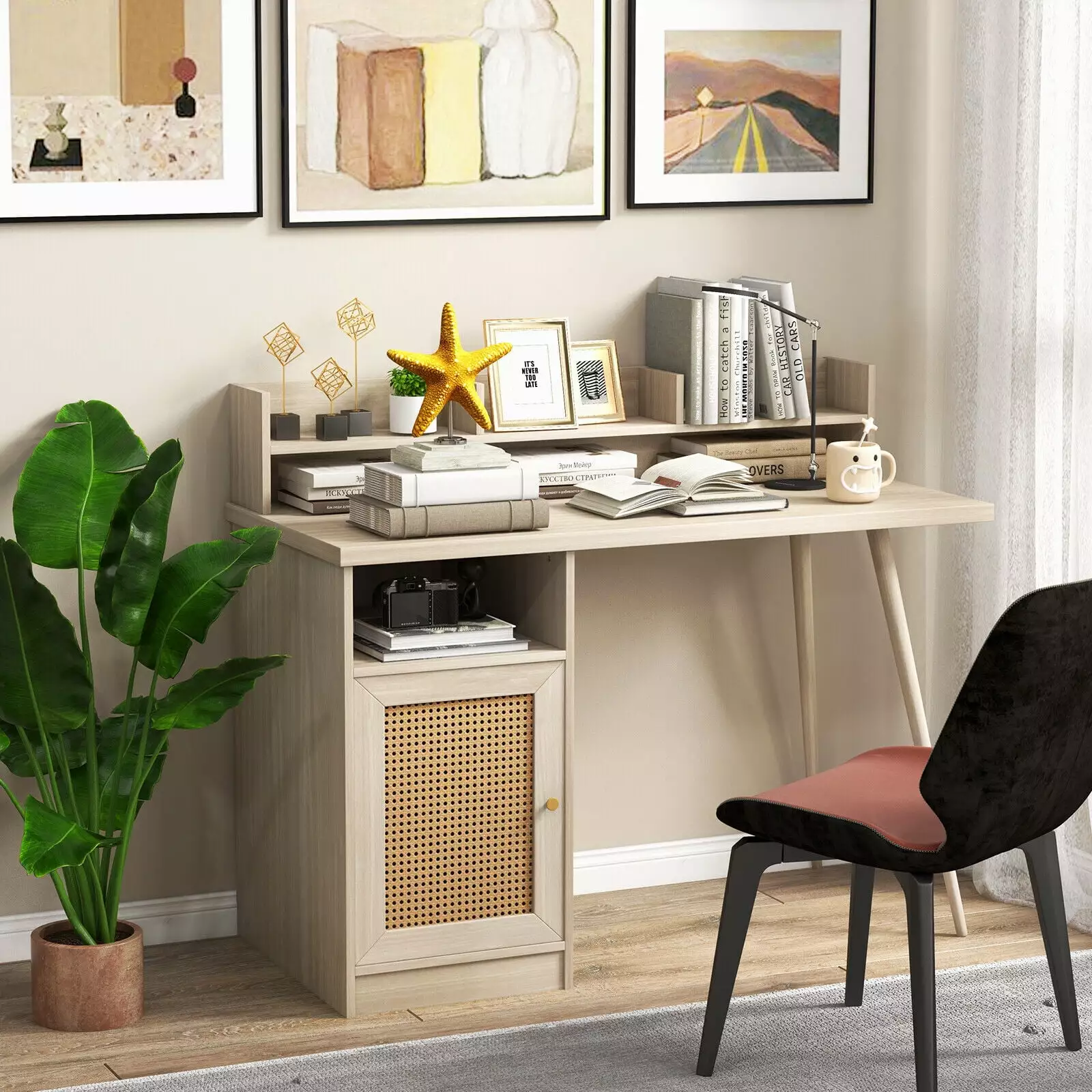 Exdeerjoy 48 Computer Desk Kitchen Cabinet PE Rattan Shelf Solid Rubberwood Legs White Oak