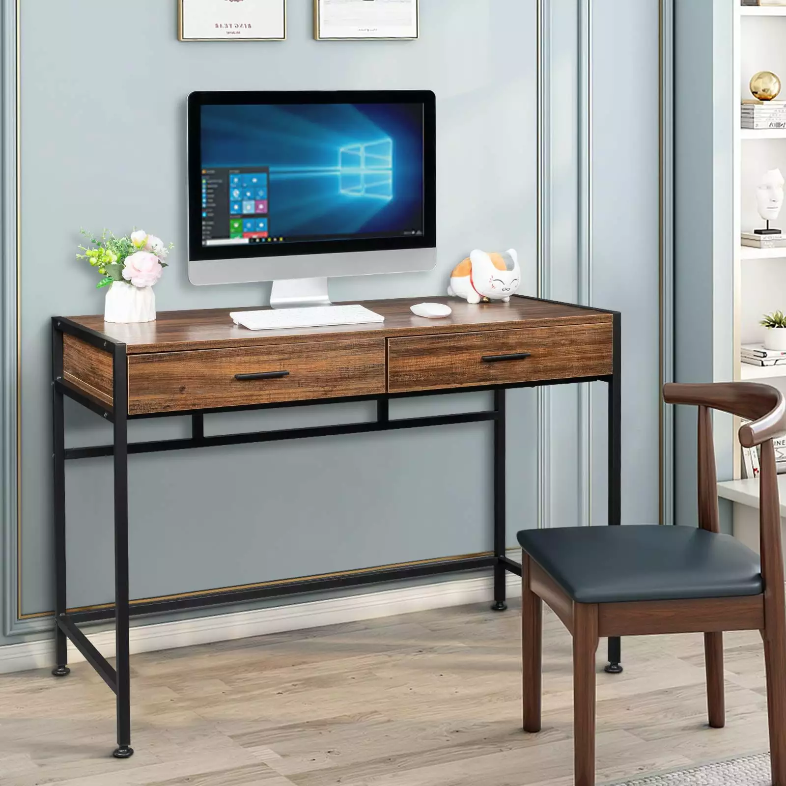UBesGoo 42 Home Office Computer Desk Laptop Writing Desk or Makeup Vanity Dressing Table Two Storage Drawers Wood Top and ...