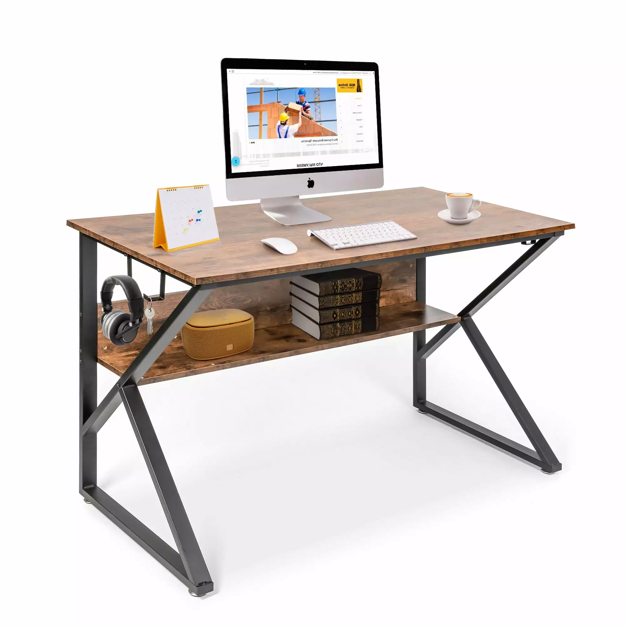 Karmas Product 47.2 Inches Computer Desk Bookshelf - Rustic Brown Study Table