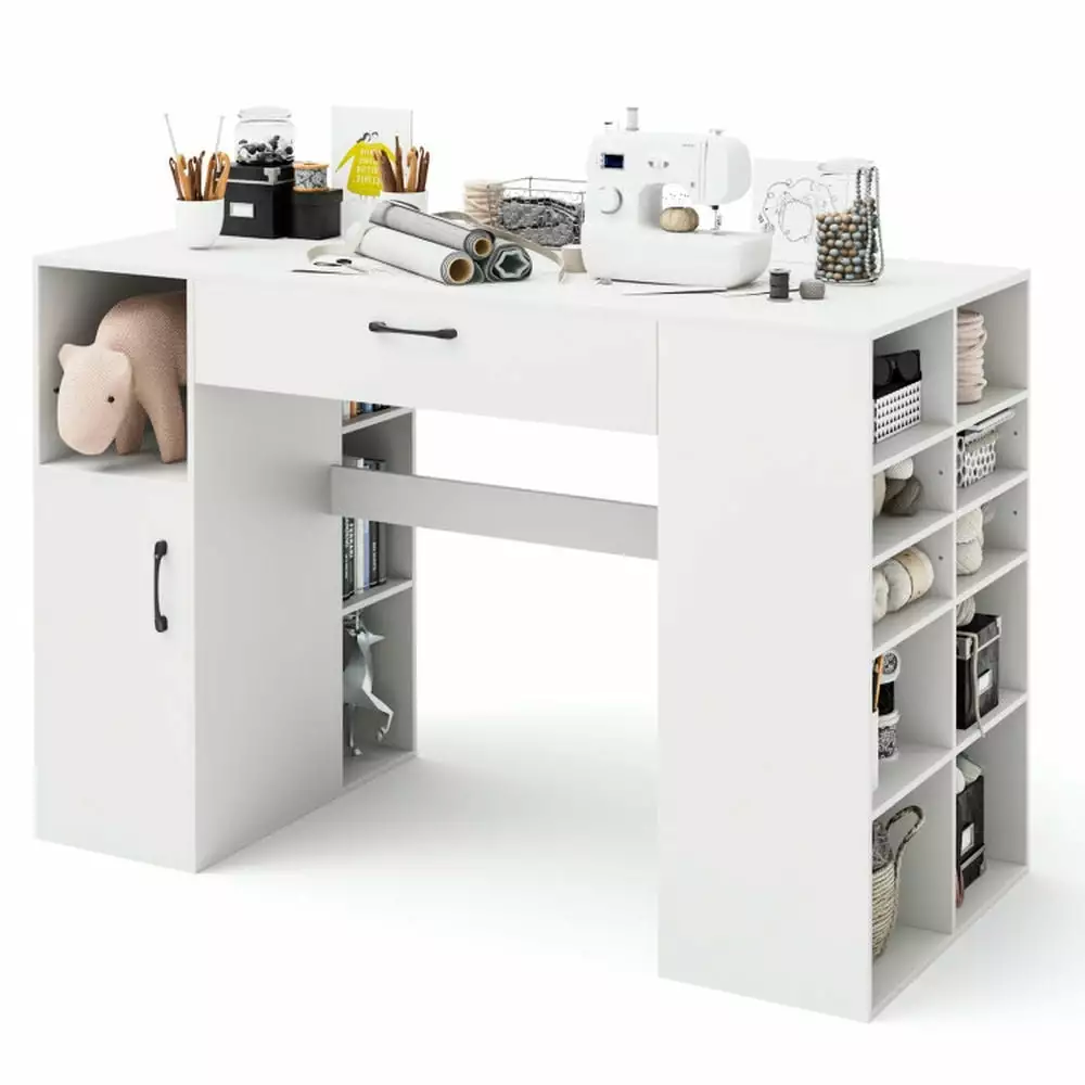GVN Counter Height Sewing Craft Table Computer Desk Adjustable Shelves and Drawer