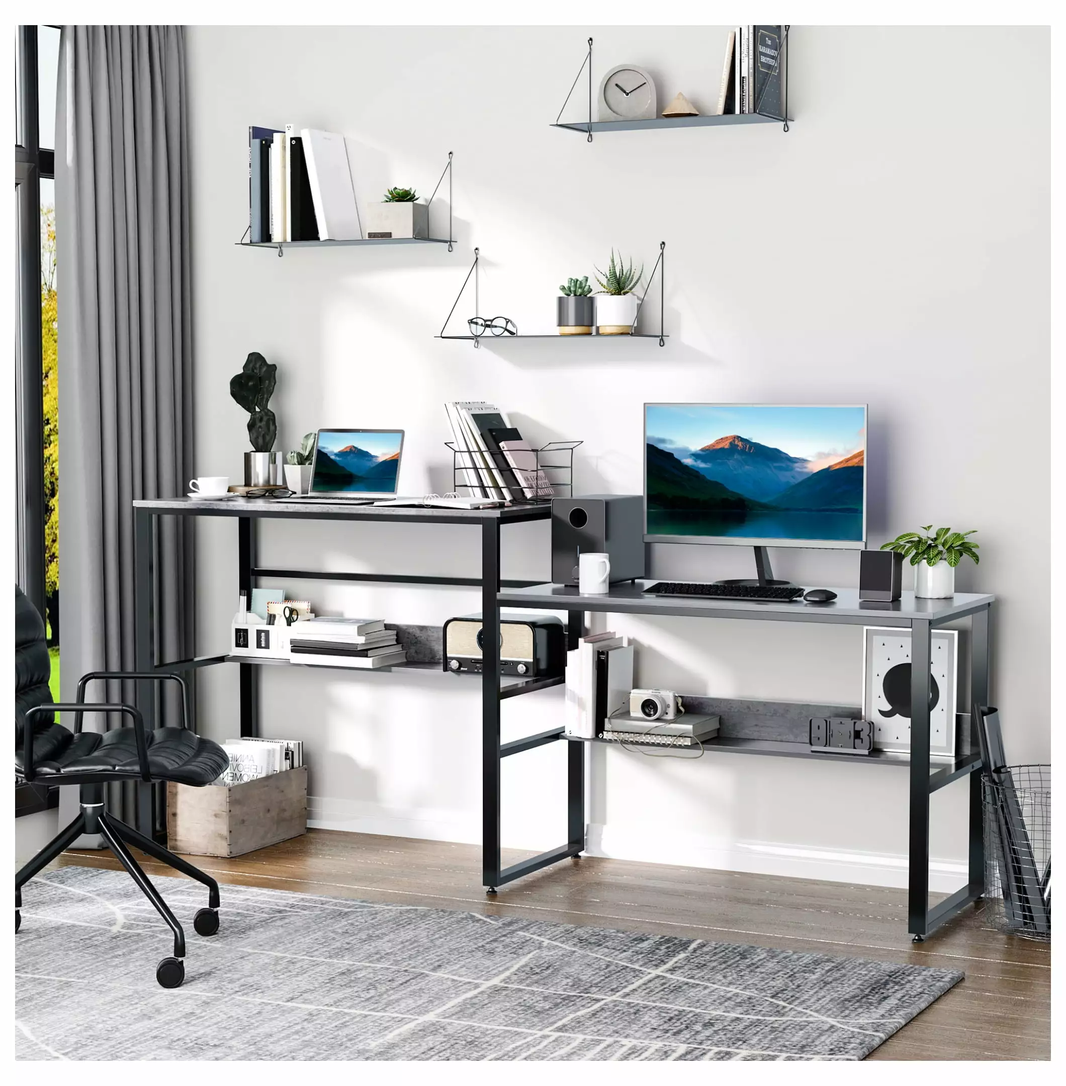 Dual Side Laptop Home Office Desk Two Large Work Surfaces and Storage FENG20
