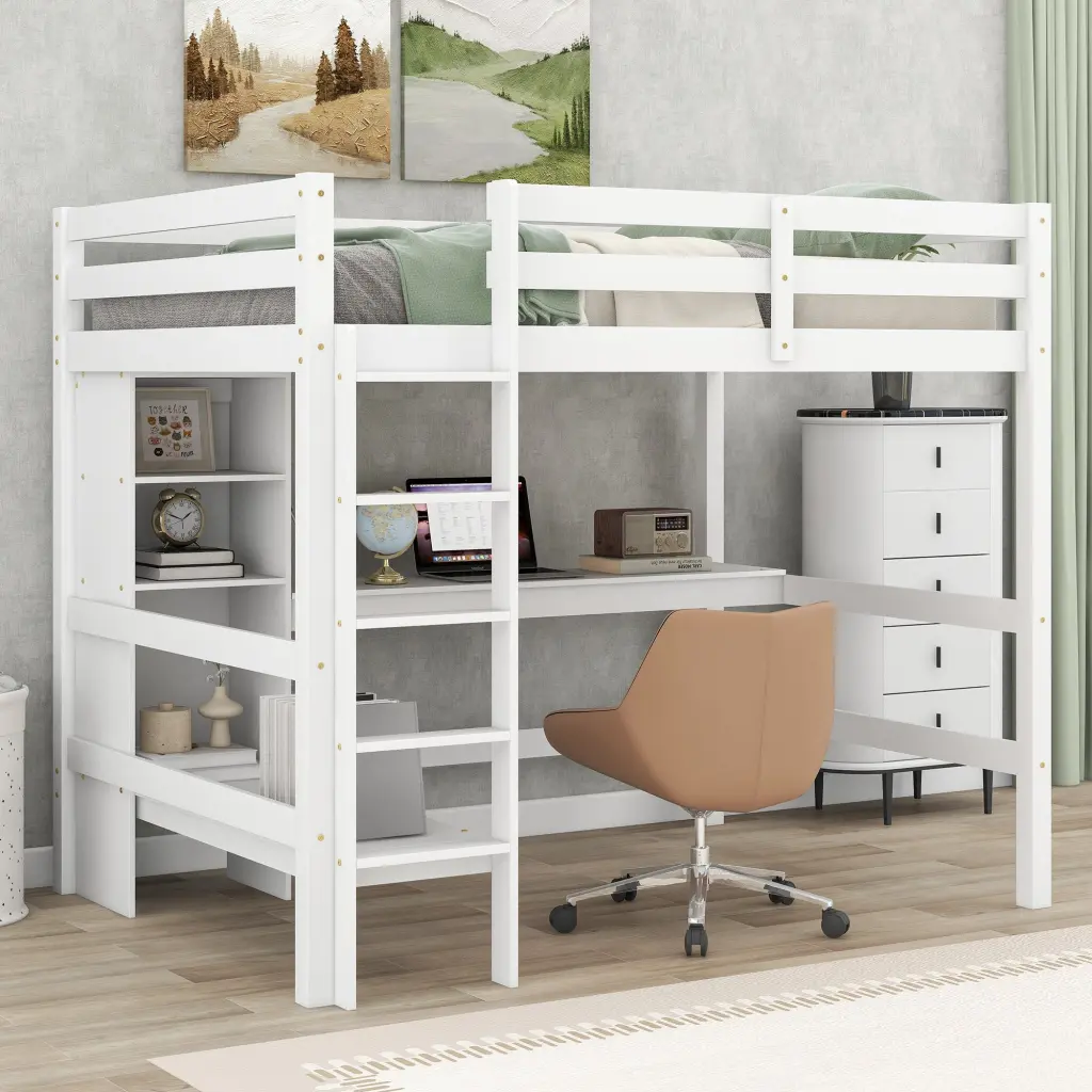 Full Size Loft Bed Multifunction Shelves and Under Bed Desk wm store