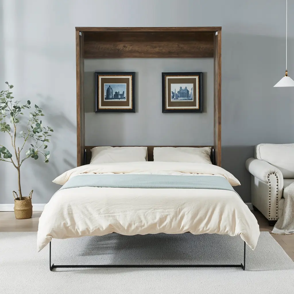 Queen Size Half Self Close Open Murphy Bed Cabinet Space Saving Beige bed best