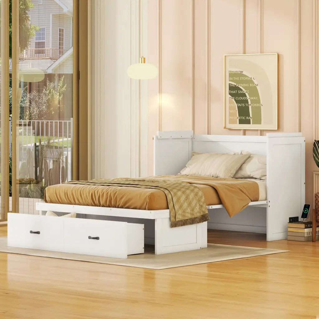 Full Size Murphy Bed USB Port and Large Drawer White lucky furniture