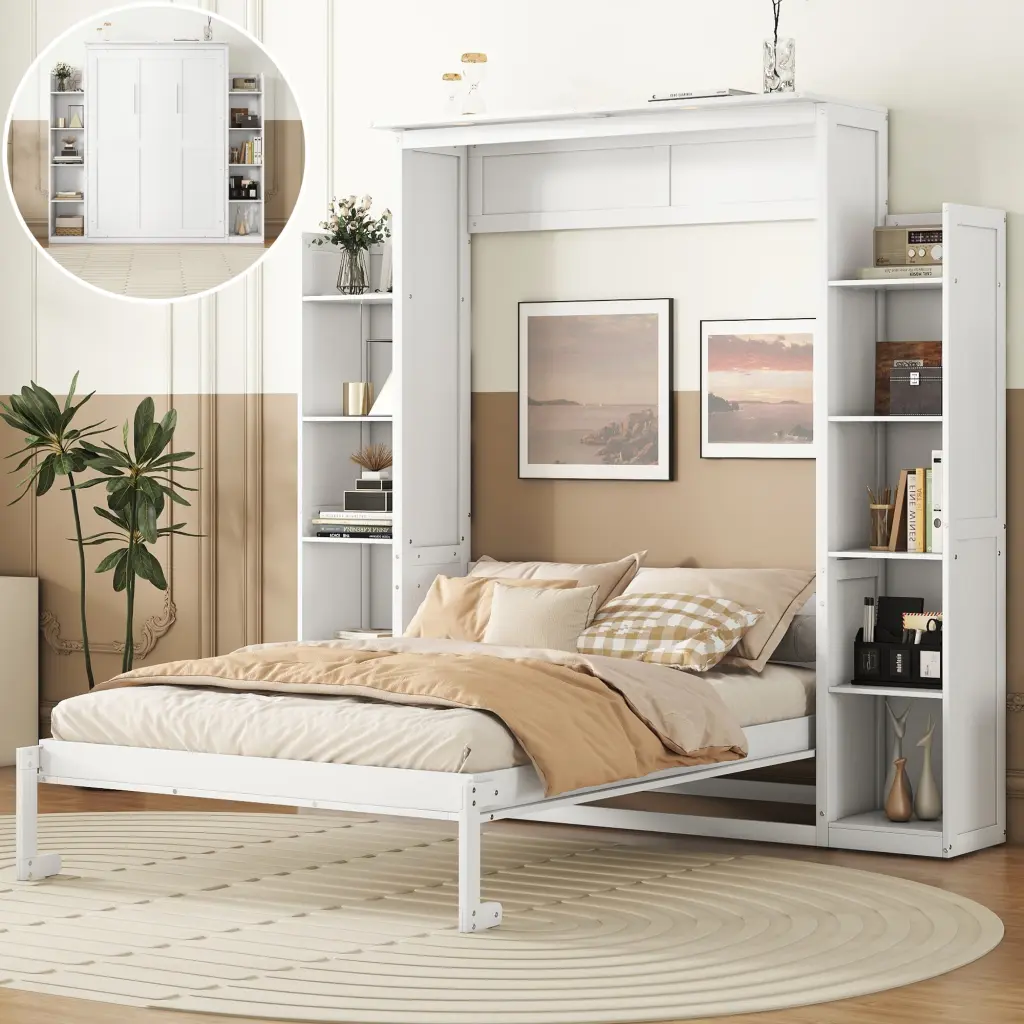 Full Size Murphy Bed Wall Bed Shelves and LED Lights White Finish lucky furniture
