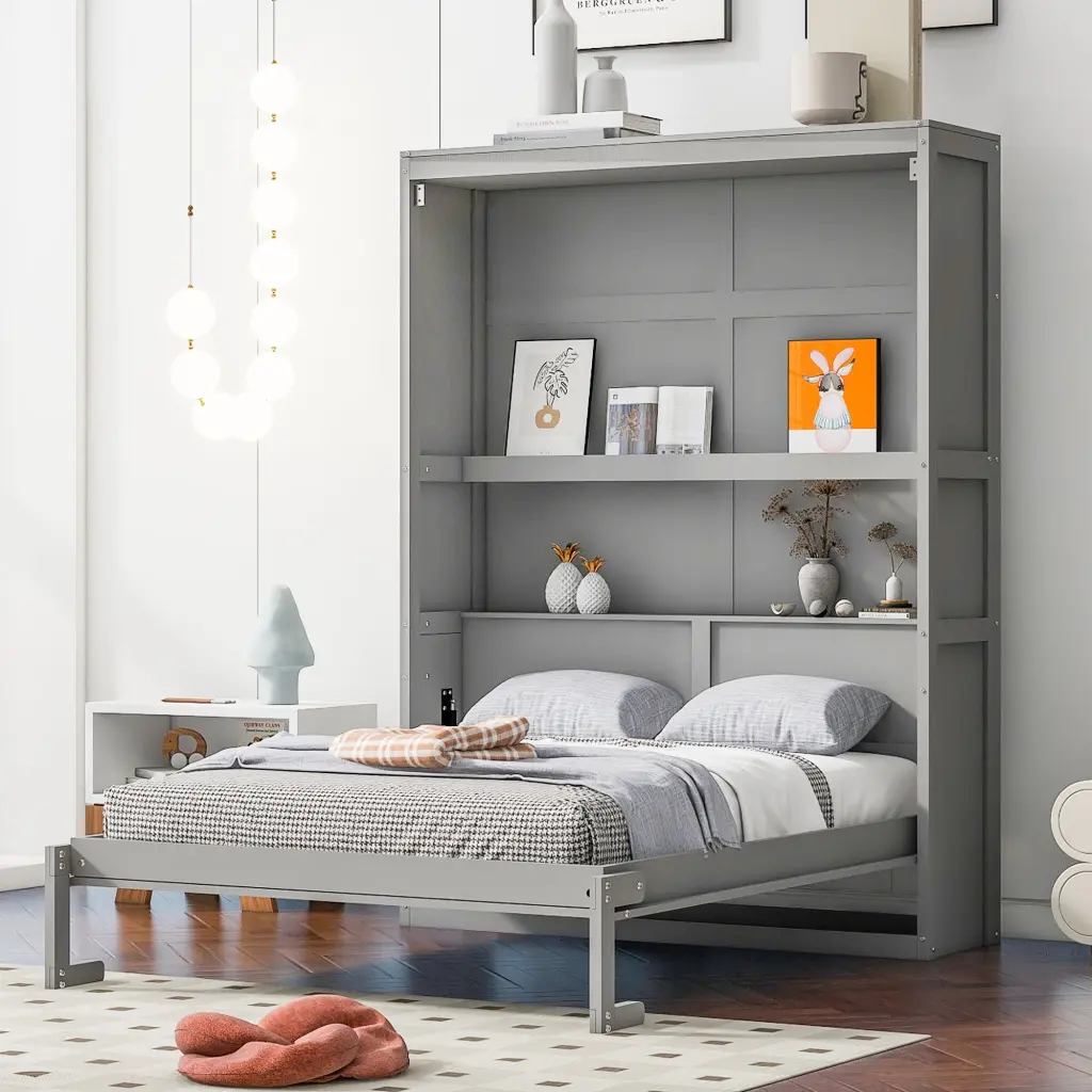 Full Size Murphy Bed Wall Bed Shelves Gray Solid Wood Mdf lucky furniture