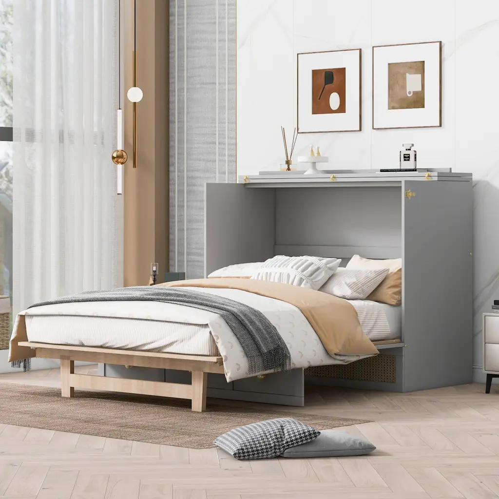 Queen Murphy Bed Large Drawers Gray Plywood Wall Bed lucky furniture