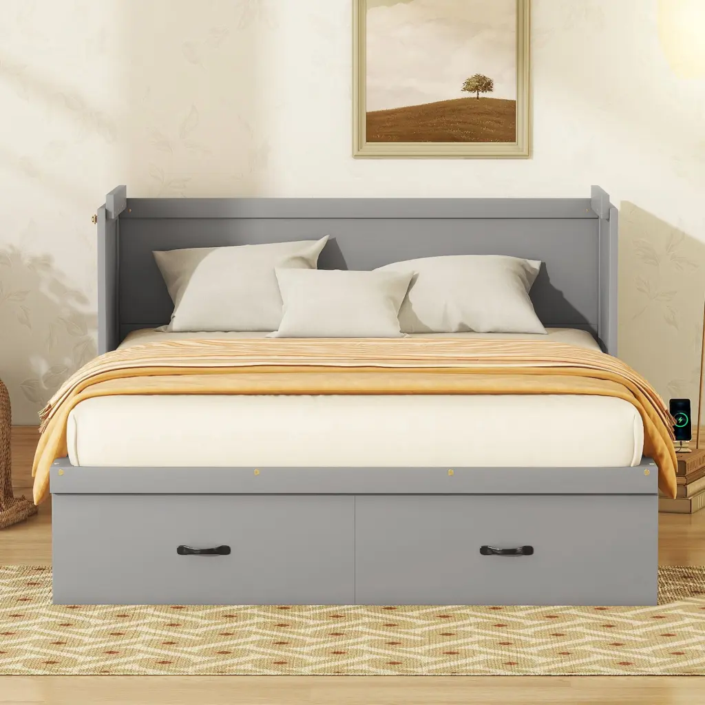 Queen Size Murphy Bed Usb Port And Large Drawer Gray Space Saving Bed lucky furniture