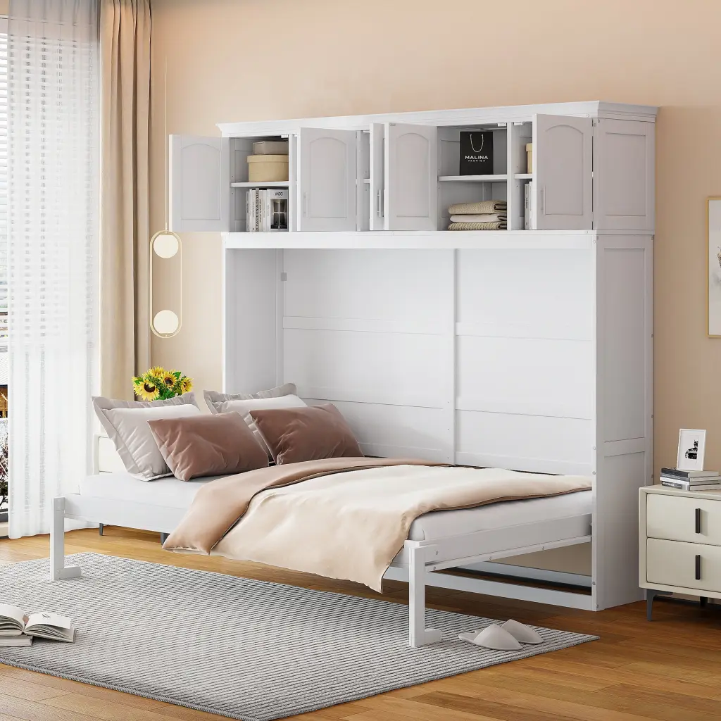 Queen Size Murphy Bed Wall Bed Top Cabinets White Plywood Space Saver lucky furniture