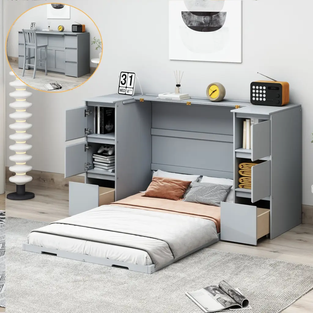Twin Size Murphy Bed Drawers Cabinets and USB Ports Gray lucky furniture