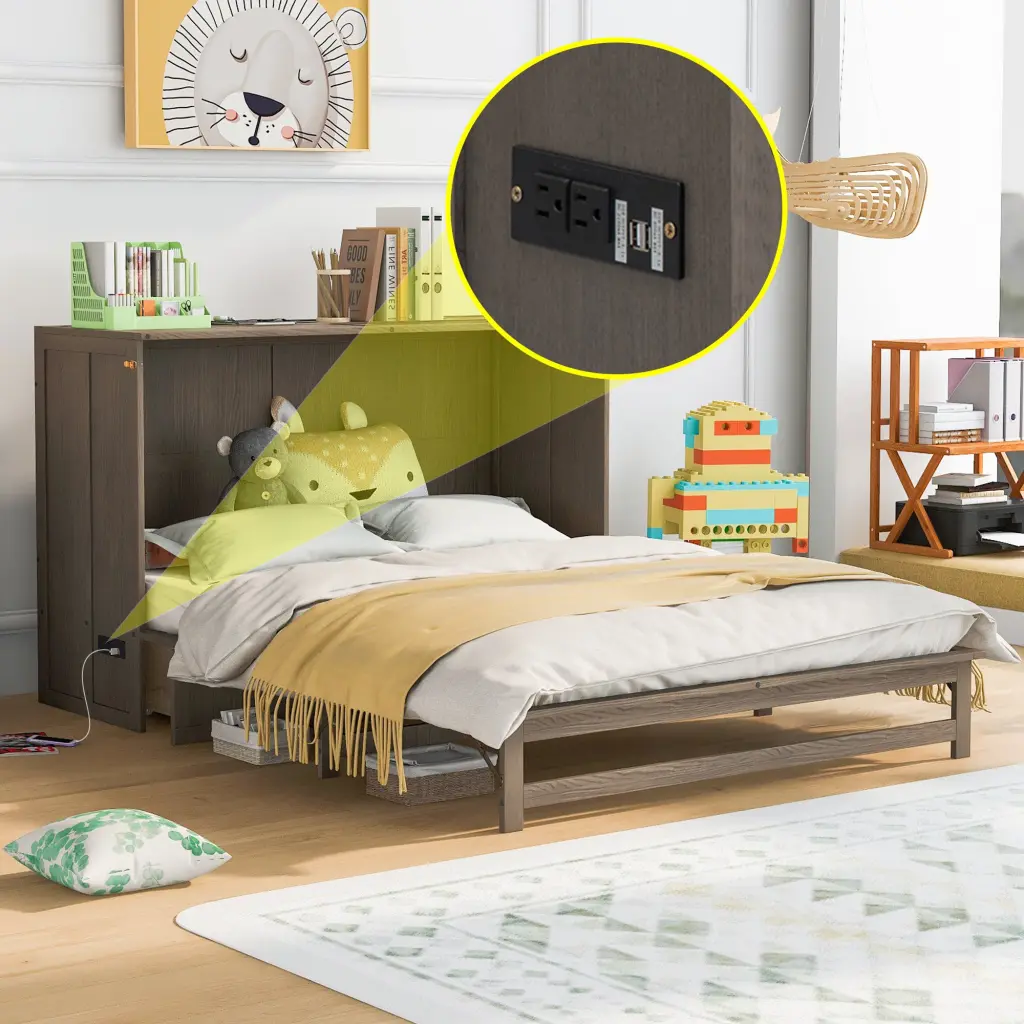 Queen Size Murphy Bed Built- Charging Station Antique Grey Space Saving wm store
