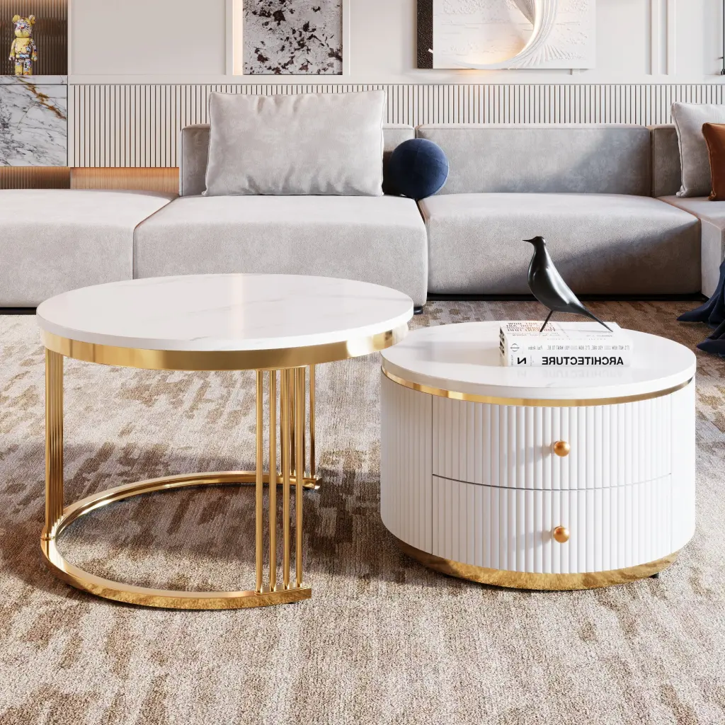 Modern 2 Piece White Round Nesting Coffee Table Drawers rnb