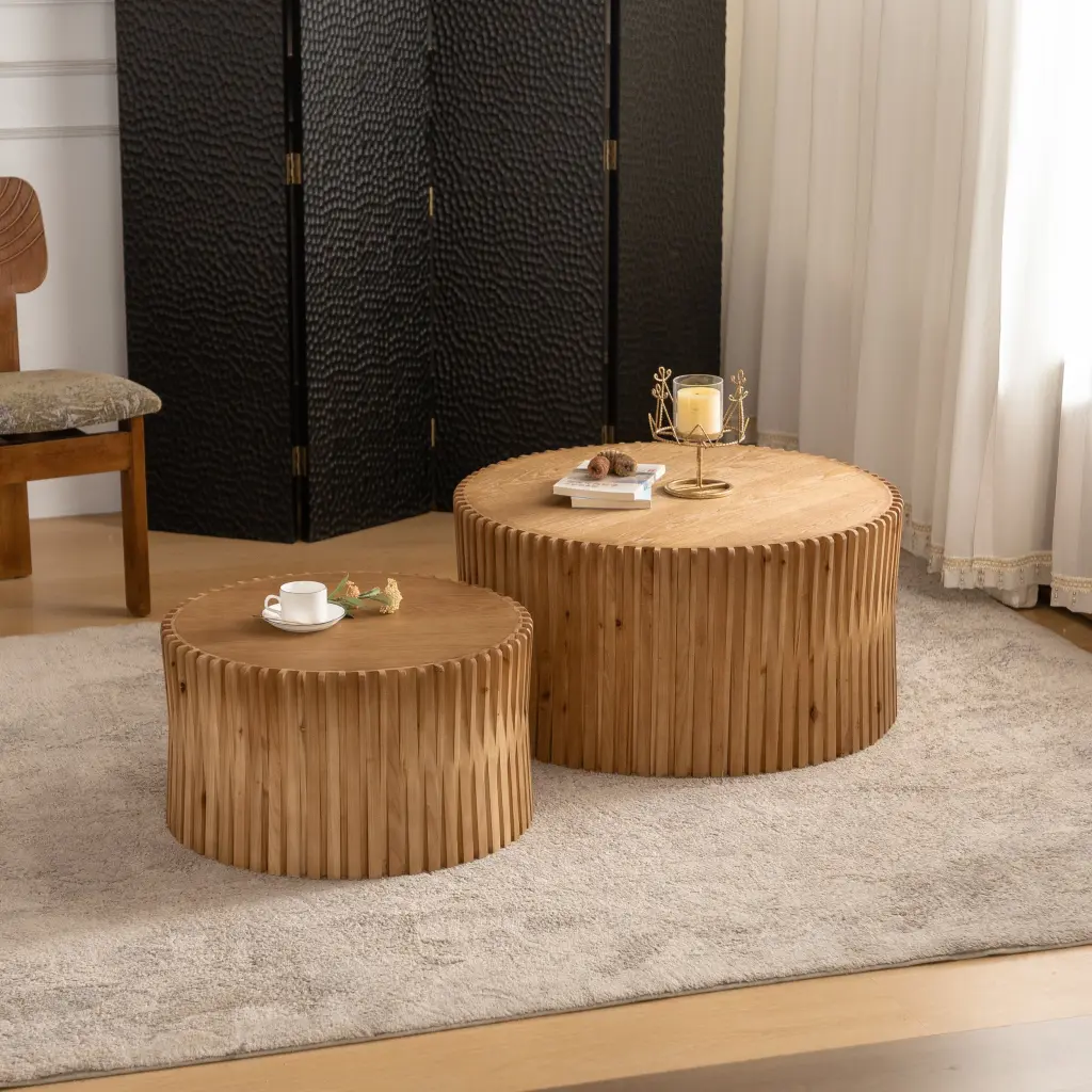 Vintage Fashion Style Cylindrical Nesting Coffee Table Set Vertical Design - Living Room Furniture spribung