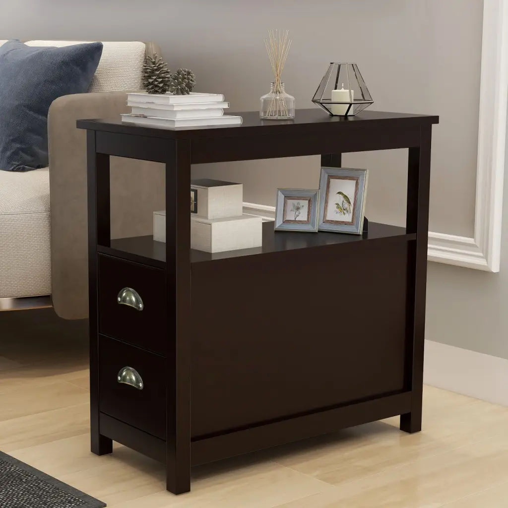 Narrow End Table Nightstand Two Drawers and Open Shelf Brown Finish cl worthy houseware co.-ltd.