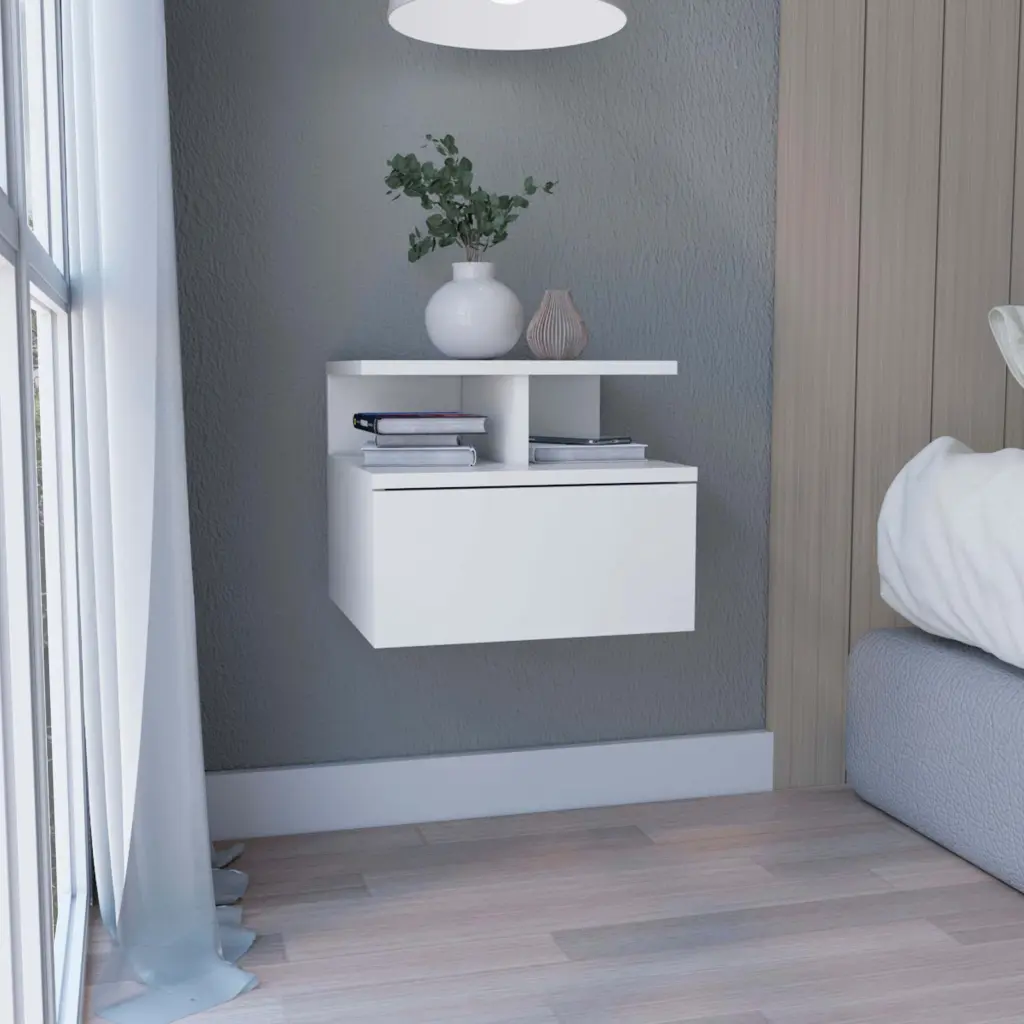 Floating Nightstand 12H Wall Mounted Single Drawer and 2 Tier Shelf depot e-shop