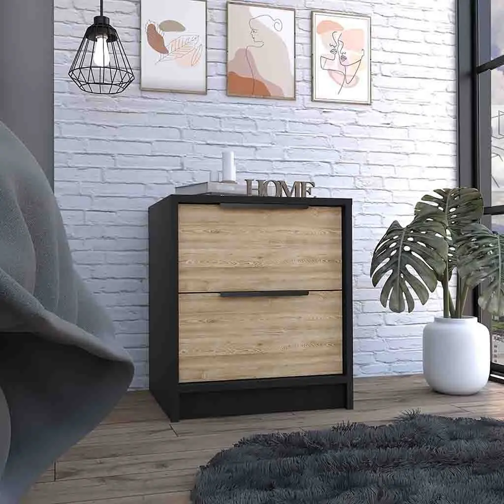 Modern Nightstand 19 Inches H Two Drawers Black Pine Multicolor Particle Board depot e-shop