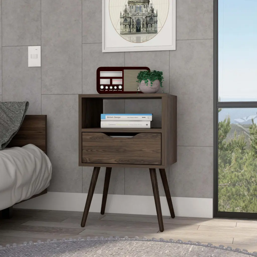 Nightstand 25 Inches H High Quality Top Four Legs One Open Shelf and One Drawer depot e-shop