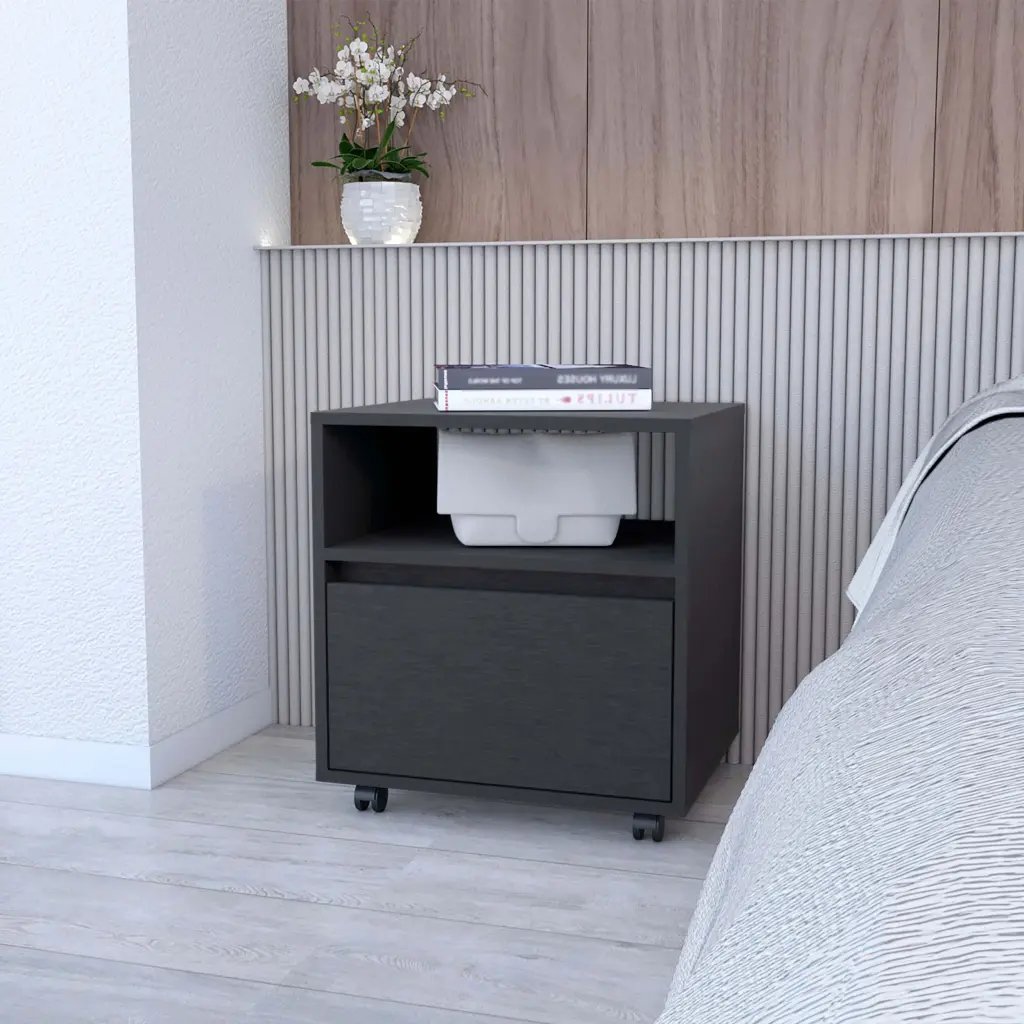 Black 1 Drawer Nightstand Bedroom Open Storage Wheels furniture max