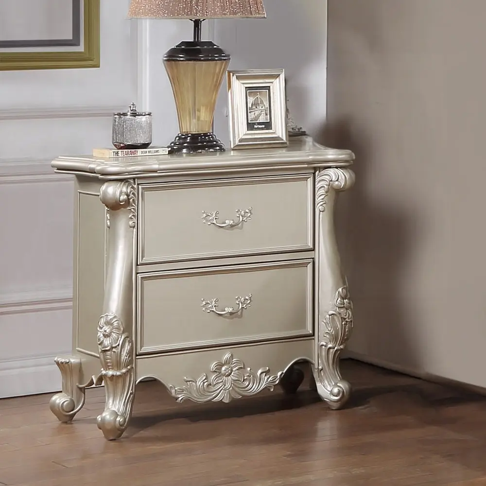 Champagne 2 Drawer Nightstand Scrolled Legs Bedside Table Bedroom Furniture furniture max