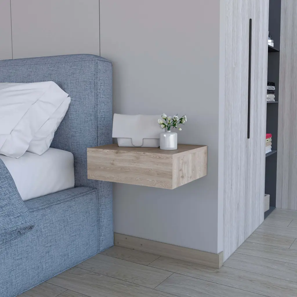 Light Gray Wall Mounted Floating Nightstand 1 Drawer furniture max