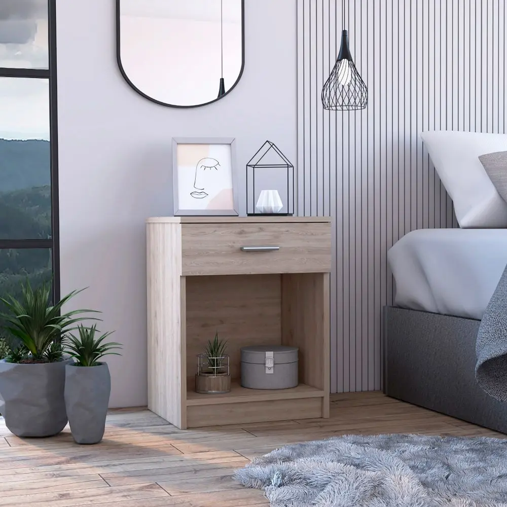 Merimac 1 Drawer 1 Shelf Nightstand Light Oak, Particle Board Bedside Table furniture max