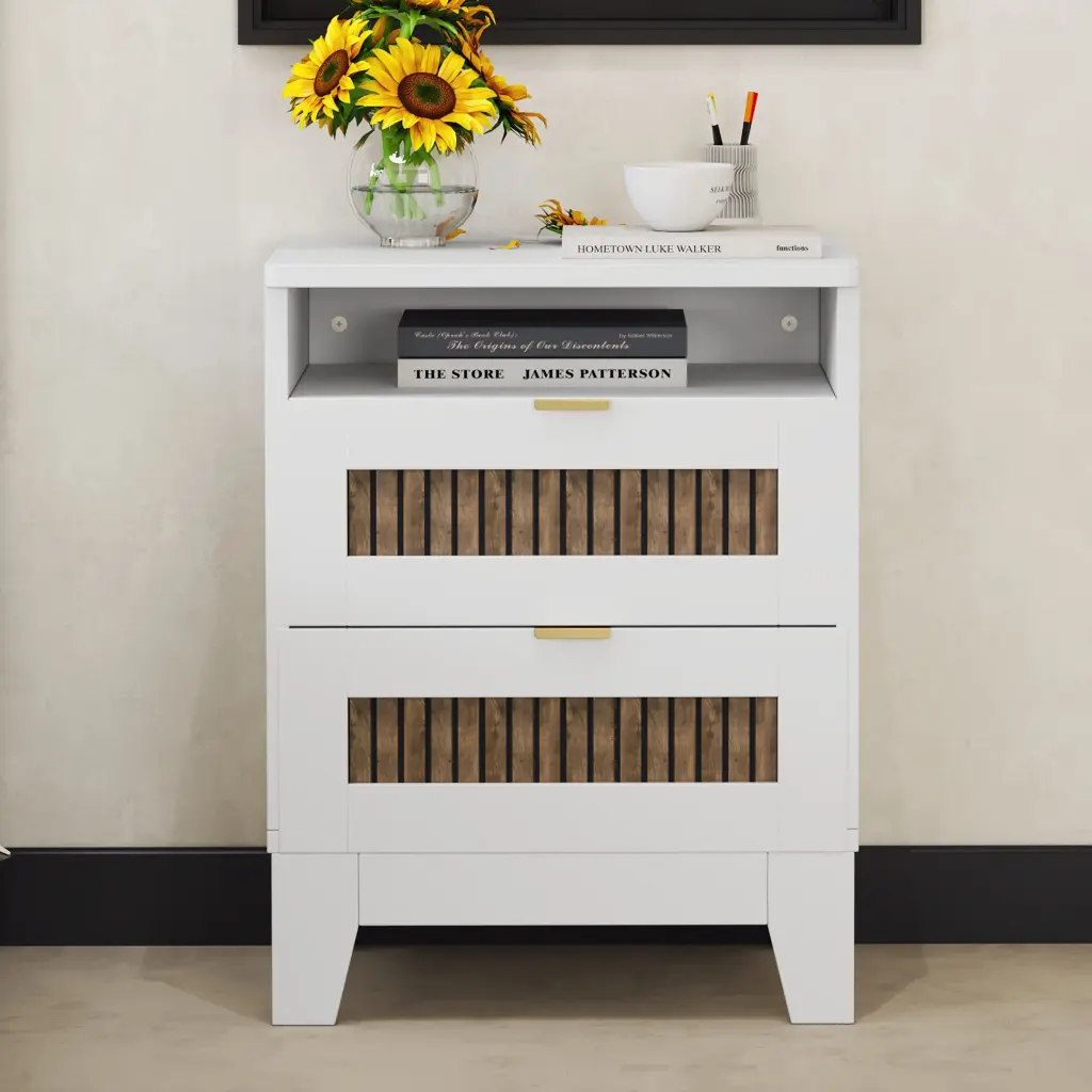 2 Drawer Farmhouse Wooden Nightstand Wooden Strip Decoration homey life