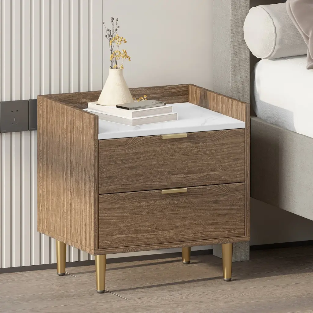 Wooden Nightstand 2 Drawers Marble Worktop Modern Bedside Table homey life